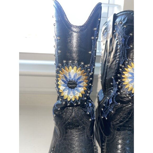 JUGO Hand Embroidered Studded Men's Black Leather Cowboy Boots Size 9 - Picture 4 of 16